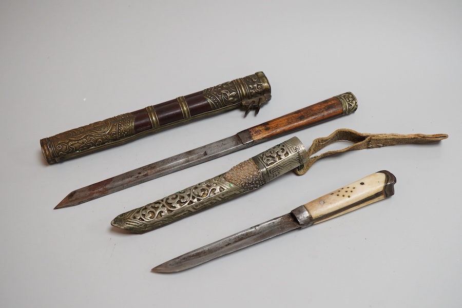 A Chinese travelling knife handle and chopstick holder, 27cm long (holder without chopsticks)